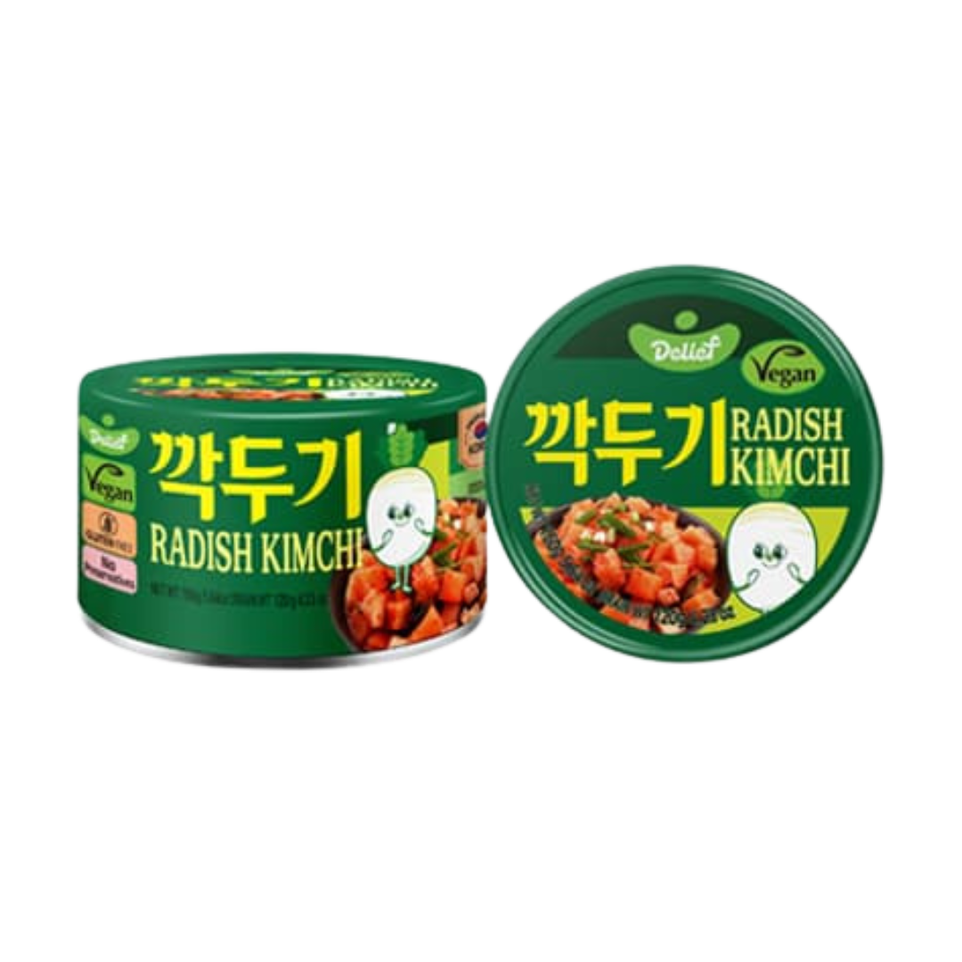 🥬🟩 Delief Radish Kimchi – Kkakdugi Coreano Vegano en Lata (160 g)
