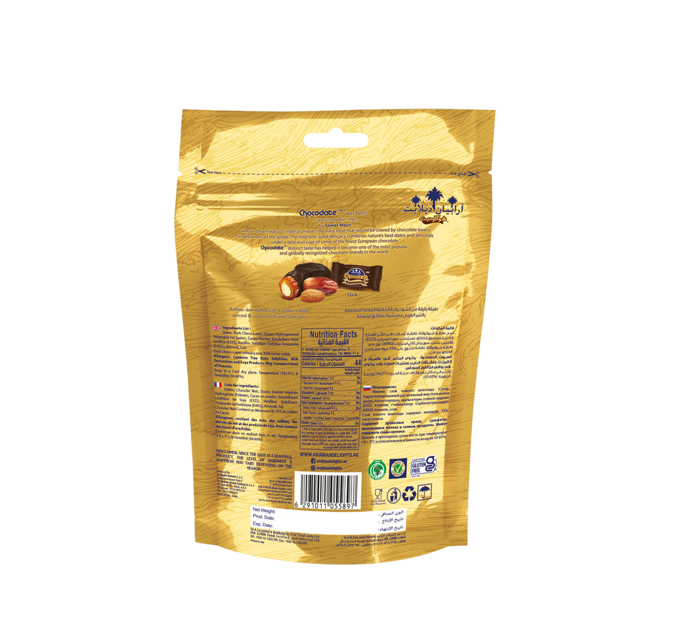 ARABIAN DELIGTHS CHOCODATE Dátil Relleno de Almendras Cubiertos de Chocolate Negro 90g