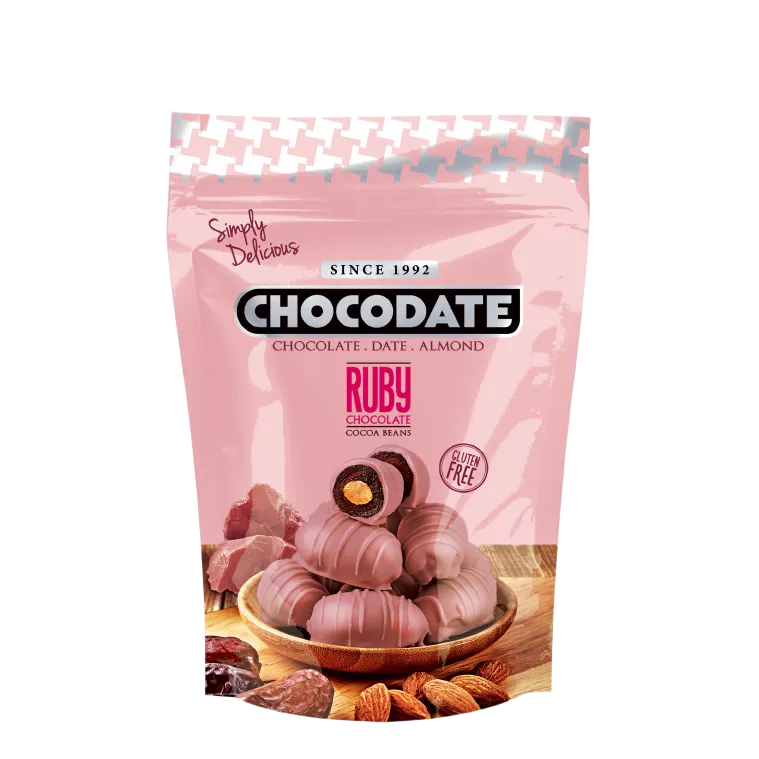 CHOCODATE Dátil Relleno de Almendra Recubierto con Chocolate Ruby Belga 90g