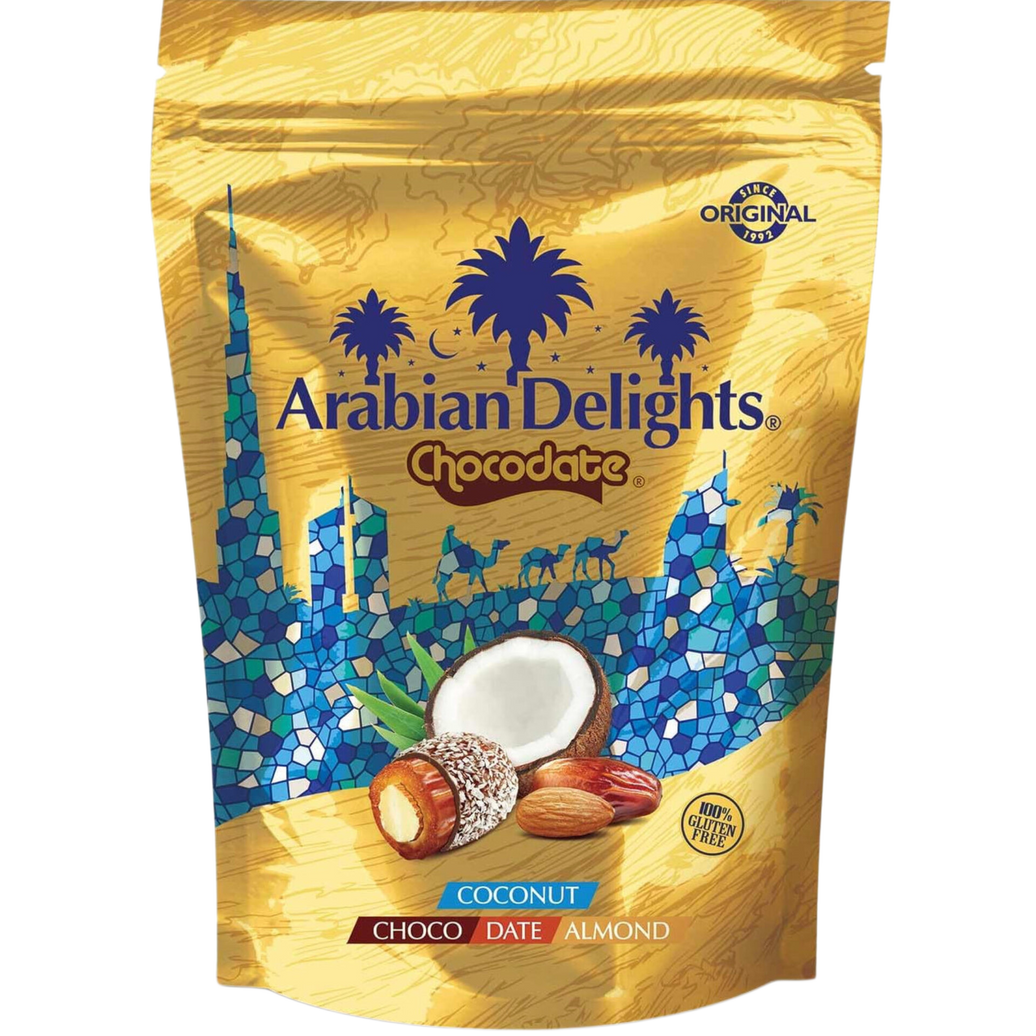 ARABIAN DELIGTHS CHOCODATE Dátil Relleno de Almendras Cubiertos de Chocolate con Leche y Coco Rallado 90g