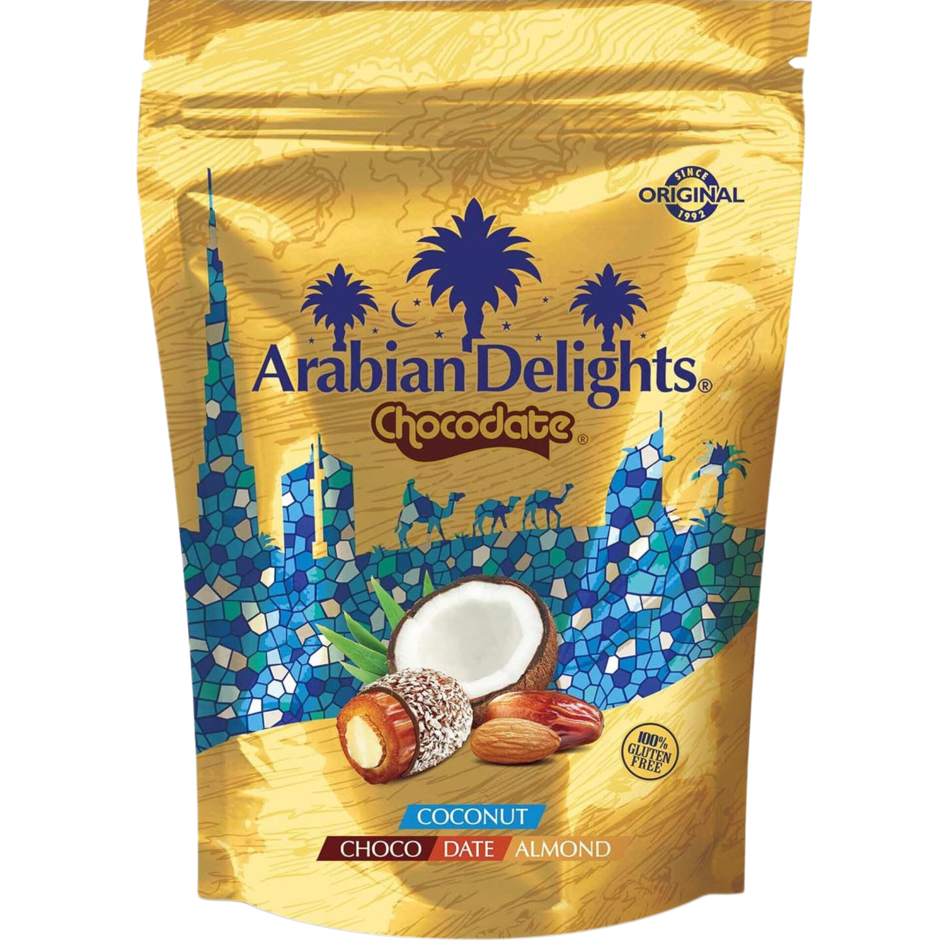 ARABIAN DELIGTHS CHOCODATE Dátil Relleno de Almendras Cubiertos de Chocolate con Leche y Coco Rallado 90g