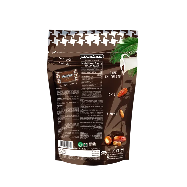 CHOCODATE Dátil Relleno de Almendra Recubierto con Chocolate Negro 90g