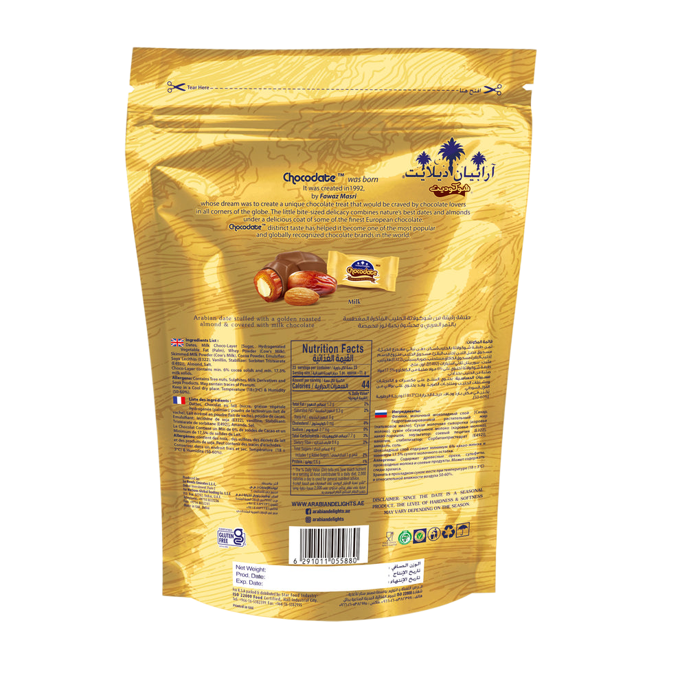 ARABIAN DELIGTHS CHOCODATE Dátil Relleno de Almendras Cubiertos de Chocolate con Leche 90g