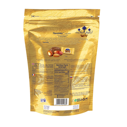ARABIAN DELIGTHS CHOCODATE Dátil Relleno de Almendras Cubiertos de Chocolate con Leche 90g