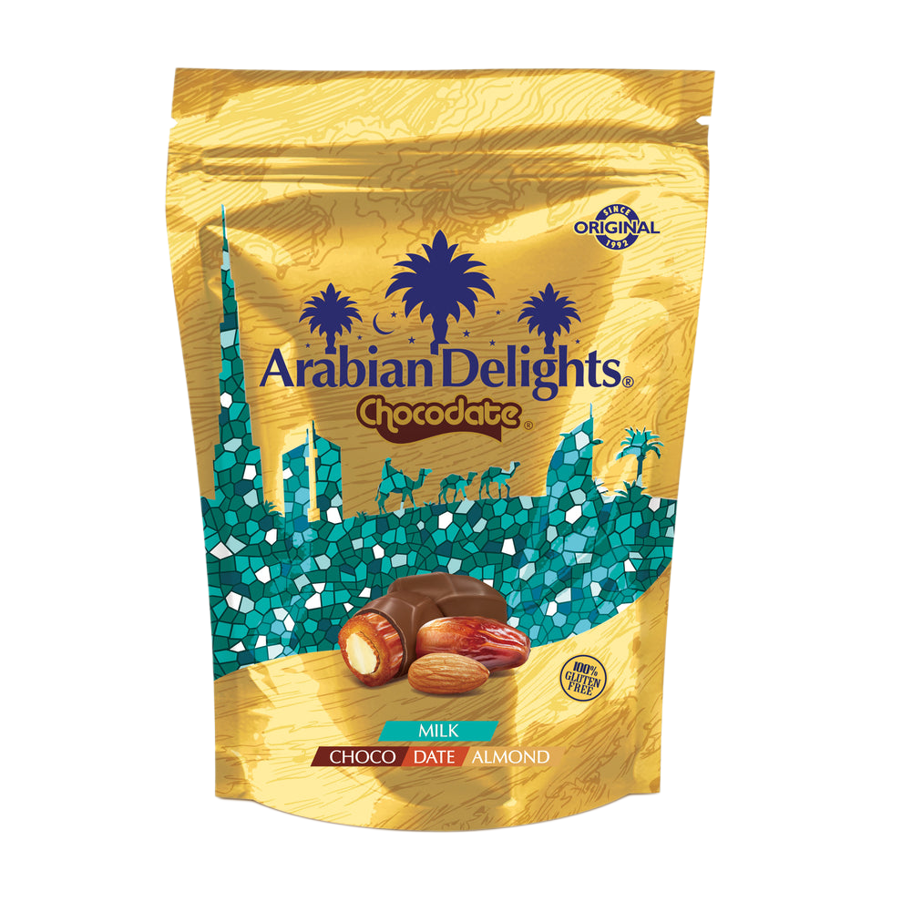ARABIAN DELIGTHS CHOCODATE Dátil Relleno de Almendras Cubiertos de Chocolate con Leche 90g