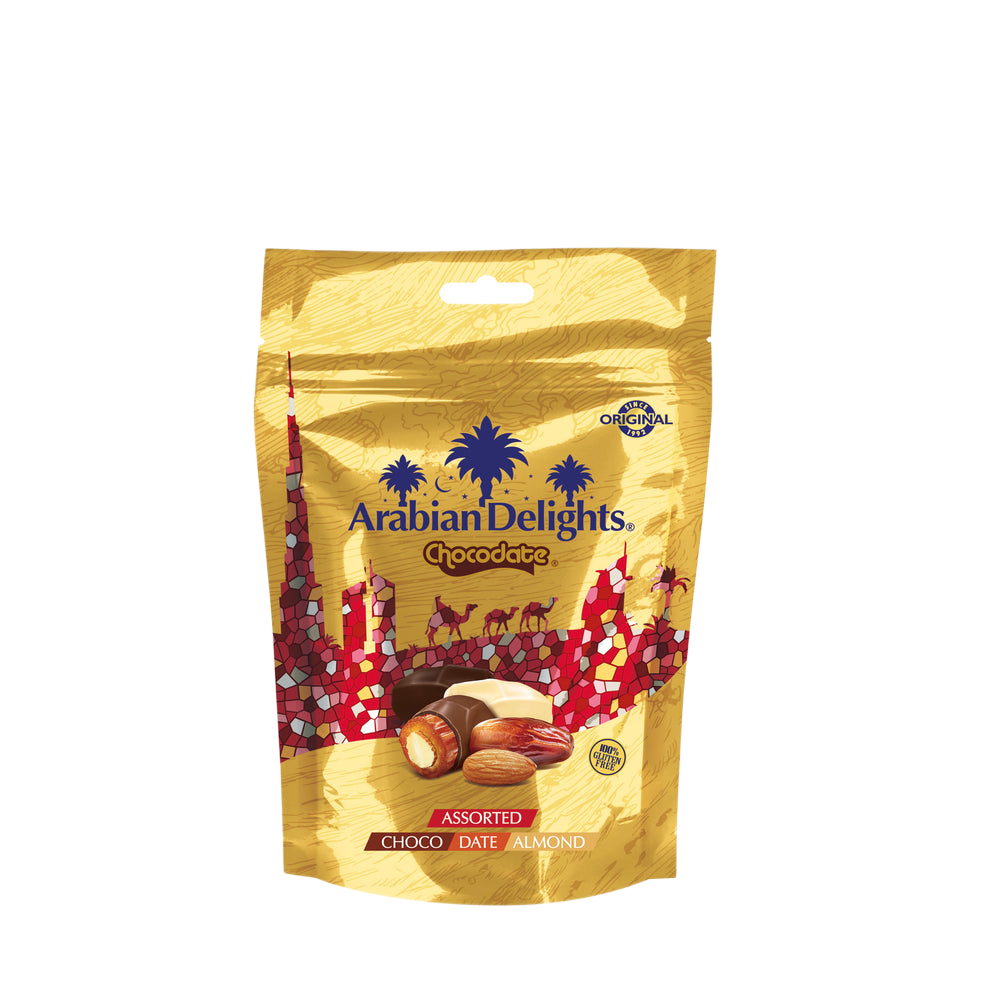 ARABIAN DELIGTHS CHOCODATE Dátil Relleno de Almendras Cubiertos de Chocolate Surtido 90g