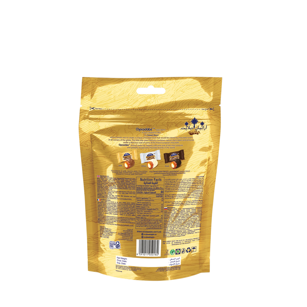 ARABIAN DELIGTHS CHOCODATE Dátil Relleno de Almendras Cubiertos de Chocolate Surtido 90g