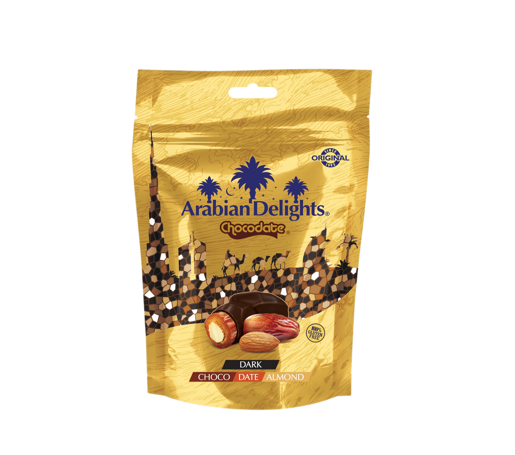 ARABIAN DELIGTHS CHOCODATE Dátil Relleno de Almendras Cubiertos de Chocolate Negro 90g