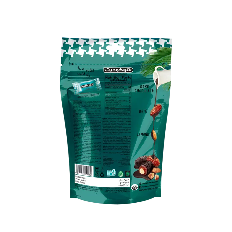 CHOCODATE Dátil Relleno de Almendra Recubierto con Chocolate Negro Sin Azúcar 90g
