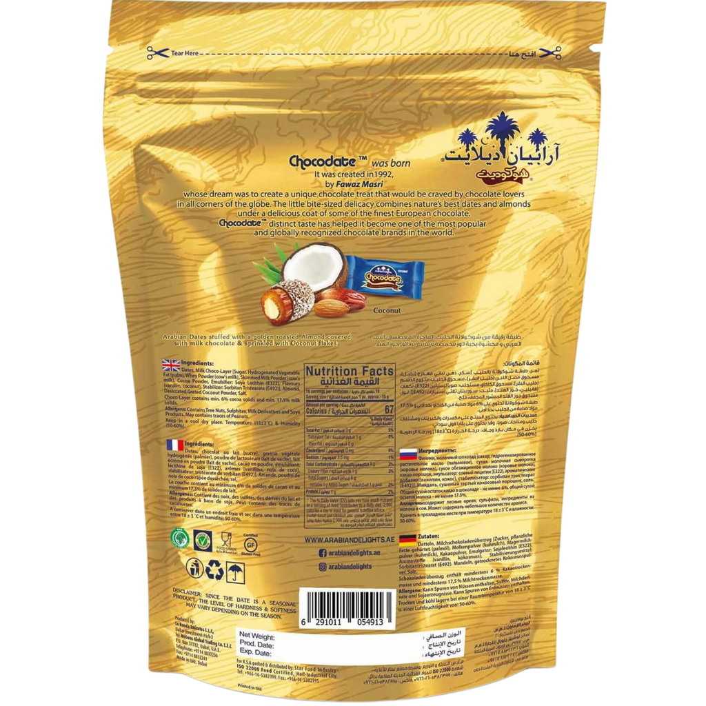 ARABIAN DELIGTHS CHOCODATE Dátil Relleno de Almendras Cubiertos de Chocolate con Leche y Coco Rallado 90g