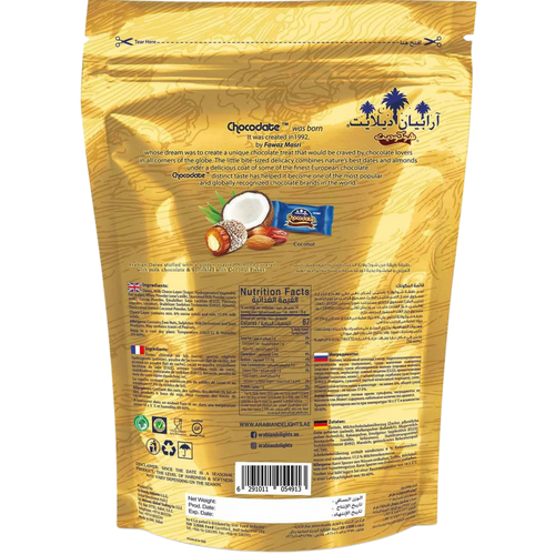 ARABIAN DELIGTHS CHOCODATE Dátil Relleno de Almendras Cubiertos de Chocolate con Leche y Coco Rallado 90g